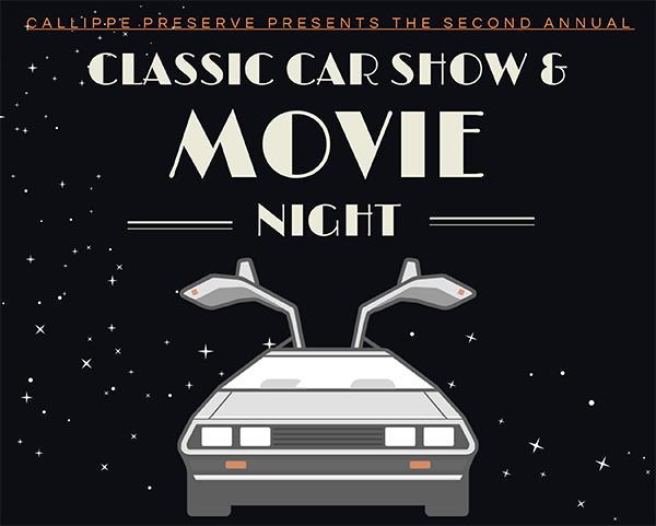 Classic Car and Movie Night headline over image of a DeLorean car